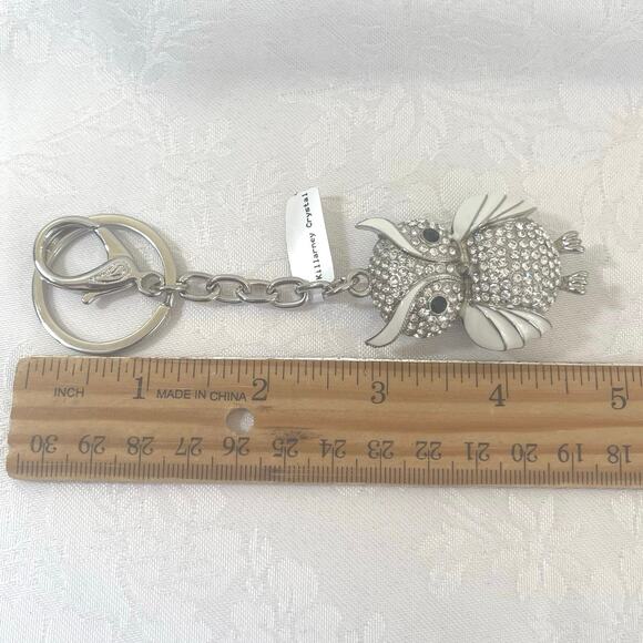 New KILLARNY CRYSTAL OWL Hearts Keychain Enamel Ireland Fob QVC Silver White - Picture 8 of 10